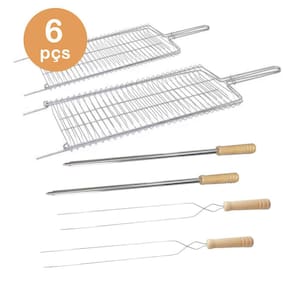 Jogo 2 Grelhas 2 espetos simples e 2 duplo inox churrasco