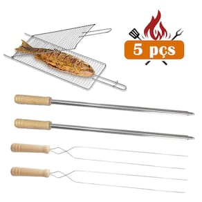 Kit Grelha dobrável 2un Espetos Duplo E Simples Churrasco