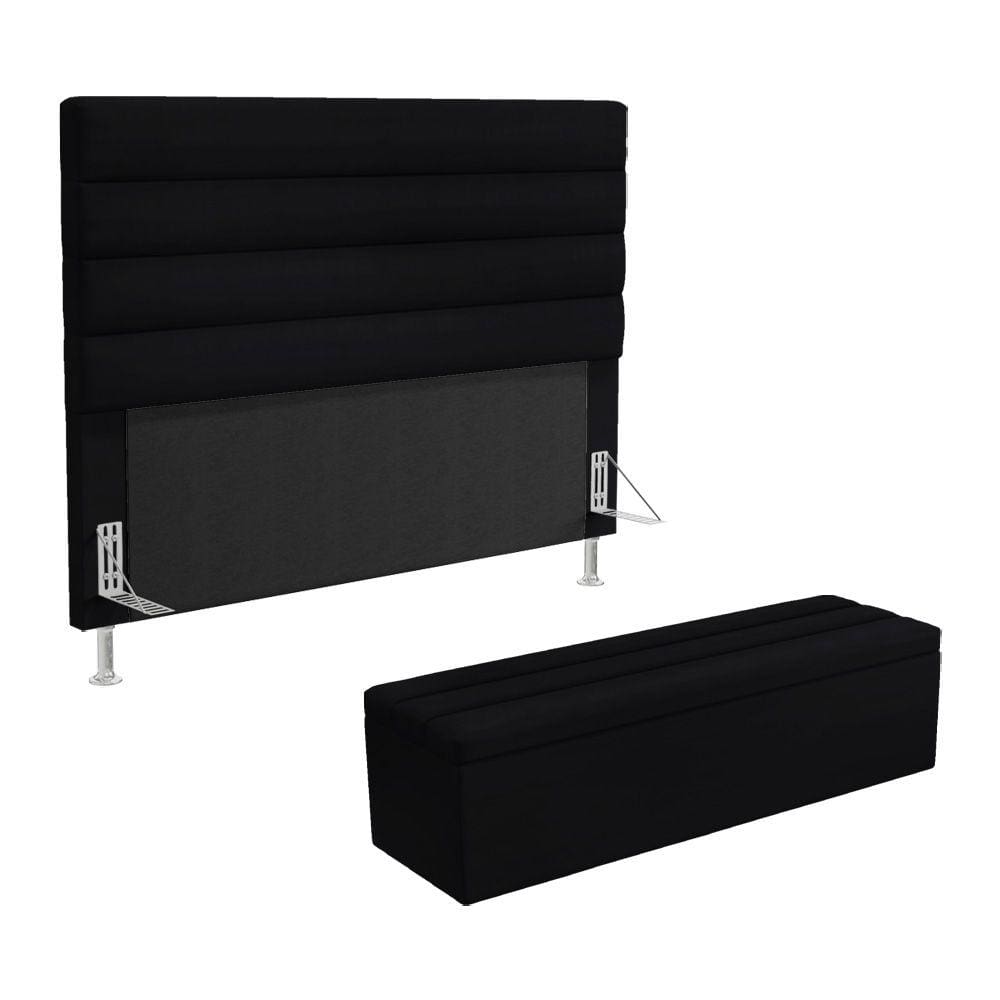 Cabeceira Atlas e Calçadeira Baú Ursa 195 para Cama King A-012 Couro Preto Aradecor