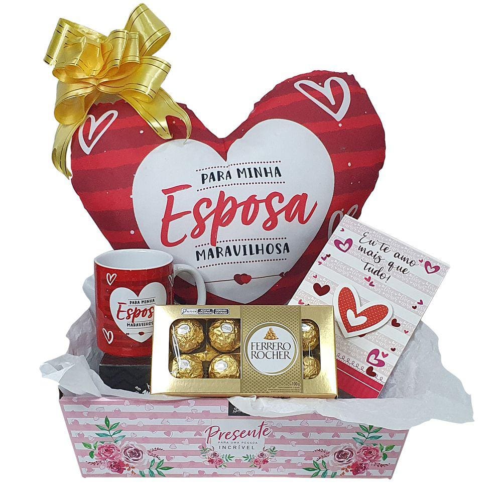 Kit De Presente Almofada Caneca Chocolate Cesta De Amor