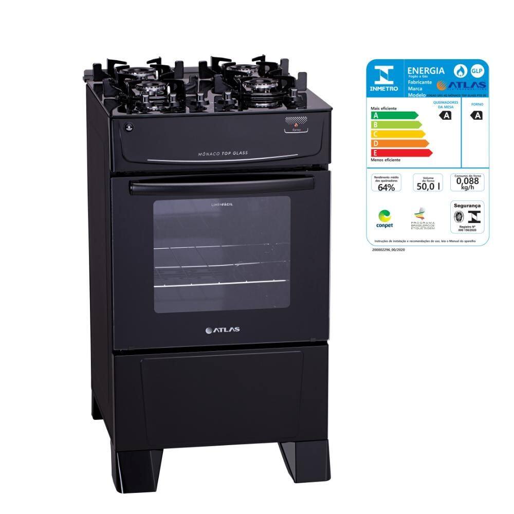 Fogão 4 Bocas com Forno Atlas Acendimento Automático Mesa Vidro Preto