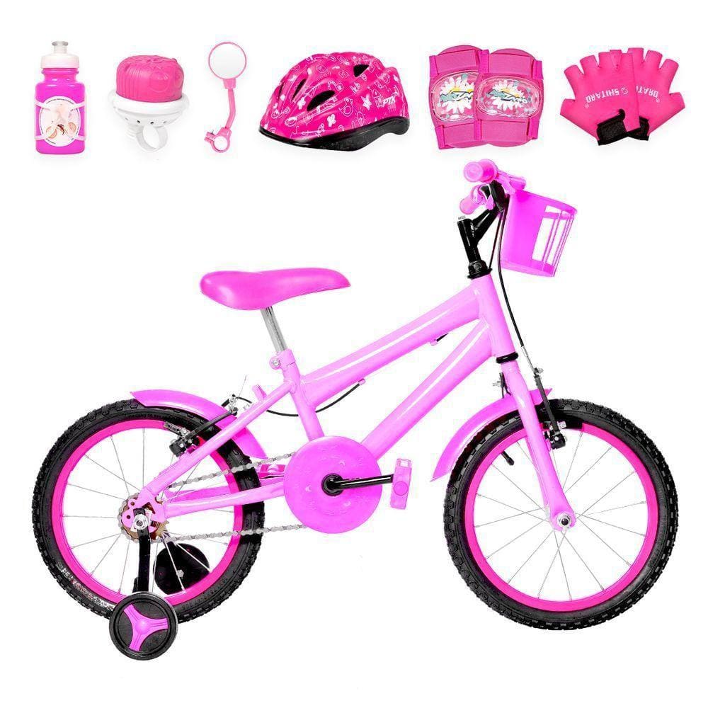 Bicicleta Infantil Aro 16 Alumínio Kit Proteção Rosa E Pink