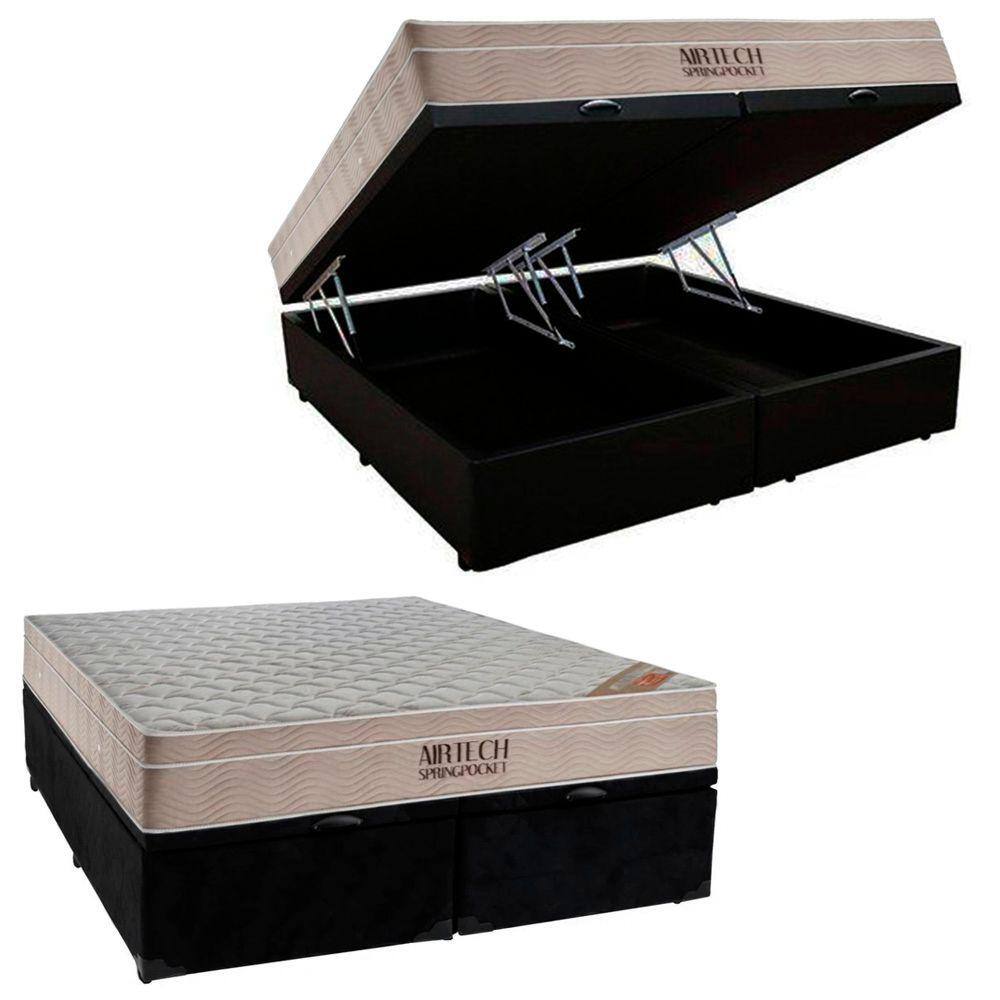 Cama Box Baú King Suede Bipartido + Colchão Ortobom Airtech Molas Ensacadas 65x193x203