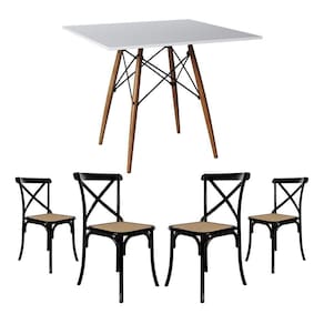 Conjunto De Mesa Eiffel Quadrado Tampo De Madeira 90Cm Branco Com 4 Cadeiras Katrina Preto