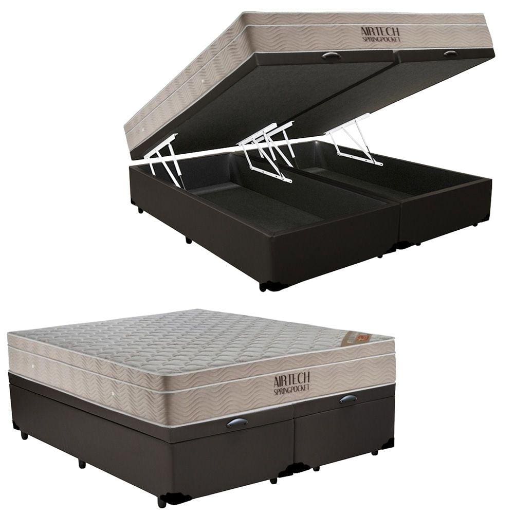 Cama Box Baú King Sintético Bipartido + Colchão Ortobom Airtech Molas Ensacadas 65x193x203 Marrom