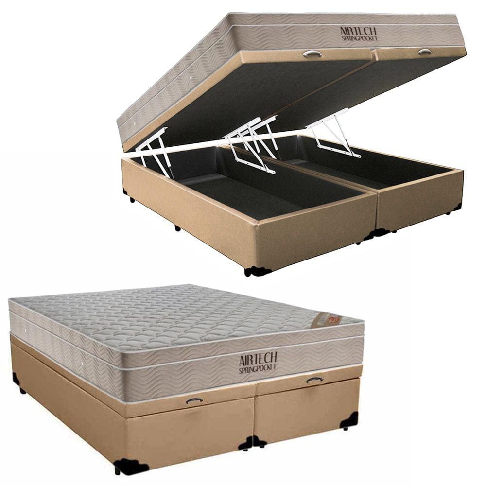 Cama Box Baú King Sintético Bipartido + Colchão Ortobom Airtech Molas Ensacadas 65x193x203