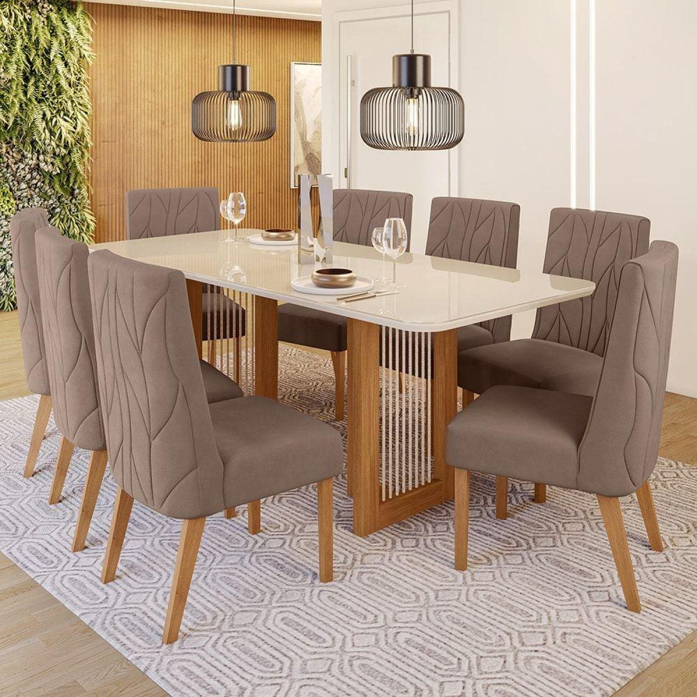 Conjunto Sala de Jantar Tampo Mdf/Vidro 8 Cadeiras Michelle Marrom/Off White/Marrom Amêndoa
