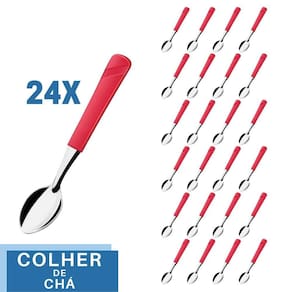 Jogo 24 Colher de Chá Aço Inox Plástico Vermelho Luna