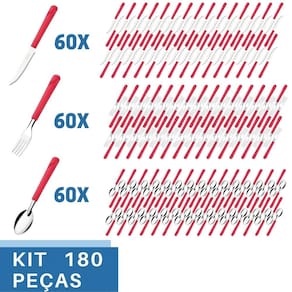 Talheres 180 Peças Colher Garfo Faca Inox Luna Cabo Vermelho