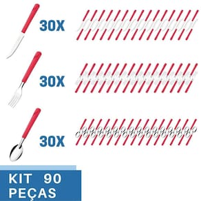 Talheres 90 Peças Colher Garfo Faca Inox Luna Cabo Vermelho