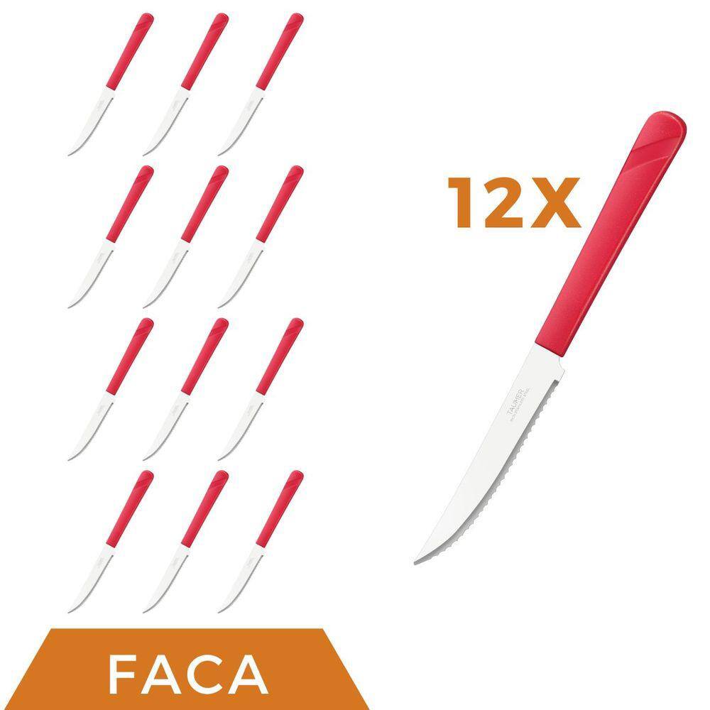 Kit 12 Peças Facas Aço Inox Plástico Vermelho Luna Almoço