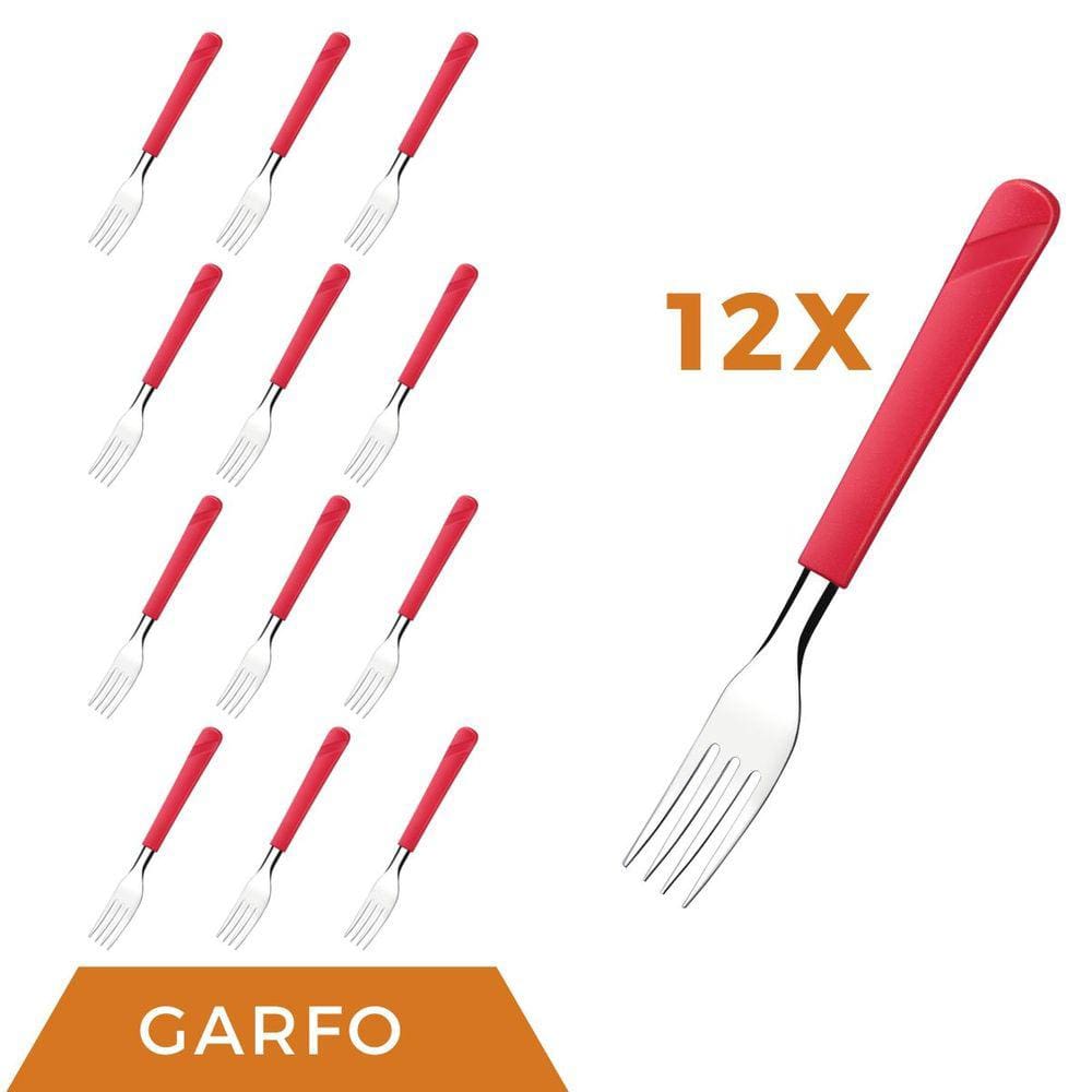 Kit 12 Peças Garfos Aço Inox Plástico Vermelho Luna Almoço