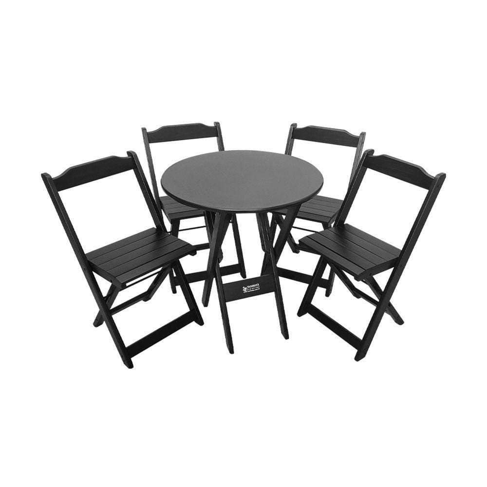 Conjunto Dobrável Mesa De Madeira 70cm Redonda Com 4 Cadeiras Preta - Cor: Preto