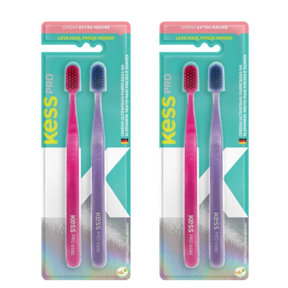 Kit Escova Dental Extra Macias Kess Pro Belliz Rosa/Roxo C/4 Un