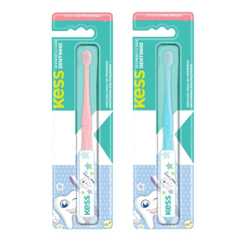 Kit Escova Dental Kids Kess Dentinho Belliz Rosa/Azul C/2