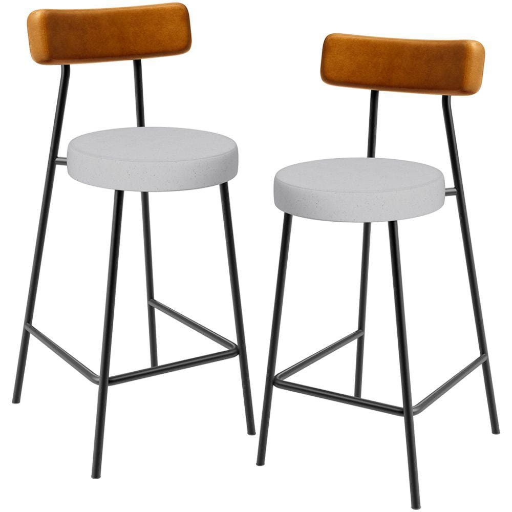 Kit 02 Banquetas Baixa Cozinha E Sala Jantar Bancada Milão L02 Couríssimo Whisky Cinza -LyamDecor