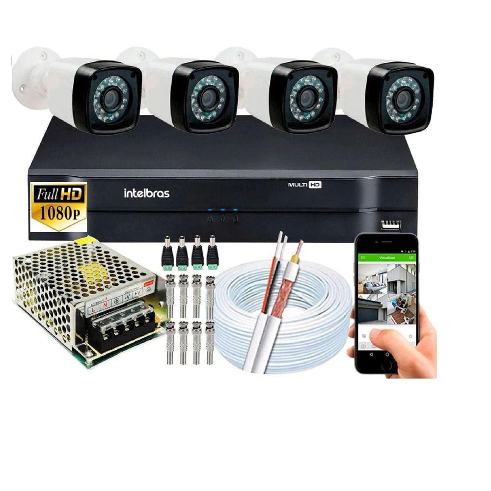 Kit 4 Cameras Segurança 1080 Full Hd Dvr Intelbras 4ch mhdx Alta Resolução c/ Acessórios