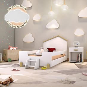 Cama De Criança Infantil Com Escadinha Solteiro Ayla Branca E Natural + Luminária Led