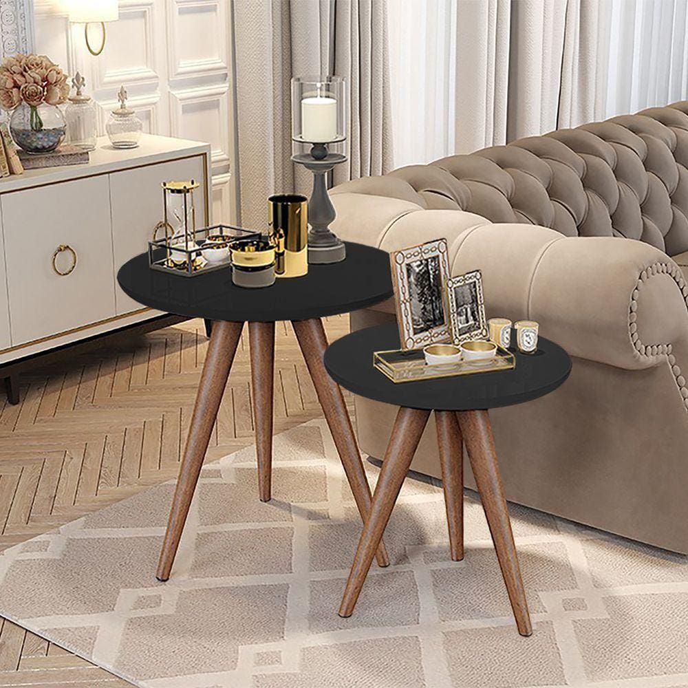 Conjunto Mesa Apoio Lateral Redonda Pés Palito - Preta - Preto