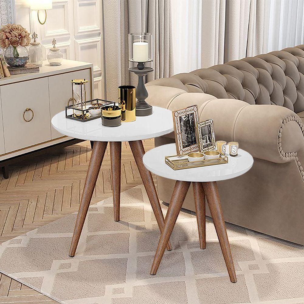 Conjunto Mesa Apoio Lateral Redonda Pés Palito - Branca - Branco