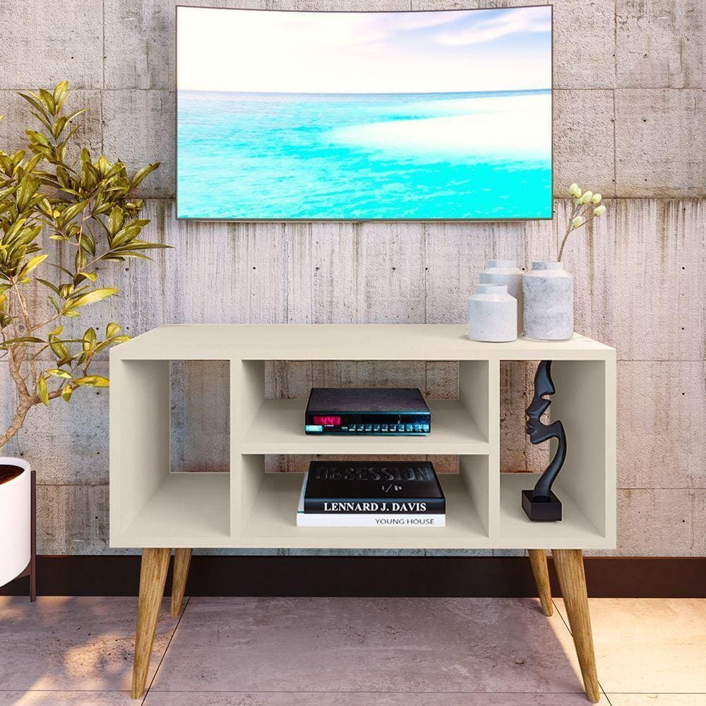 Rack Retro Pés Palito Para Tv Paris Com 4 Nichos - Off White - Branco