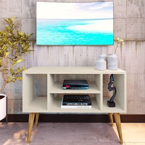 Rack Retro Pés Palito Para Tv Paris Com 4 Nichos - Off White - Branco