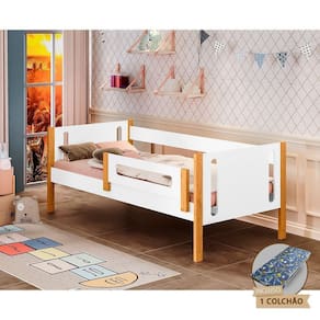 Cama De Solteiro Infantil Mirela Branca/Amêndoa Com Grade De Proteção E Colchão - Branco