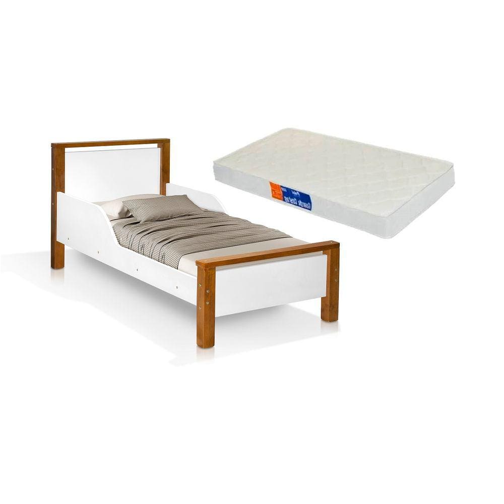 cama infantil branco marrom com colchão com proteção reforçada com colchão