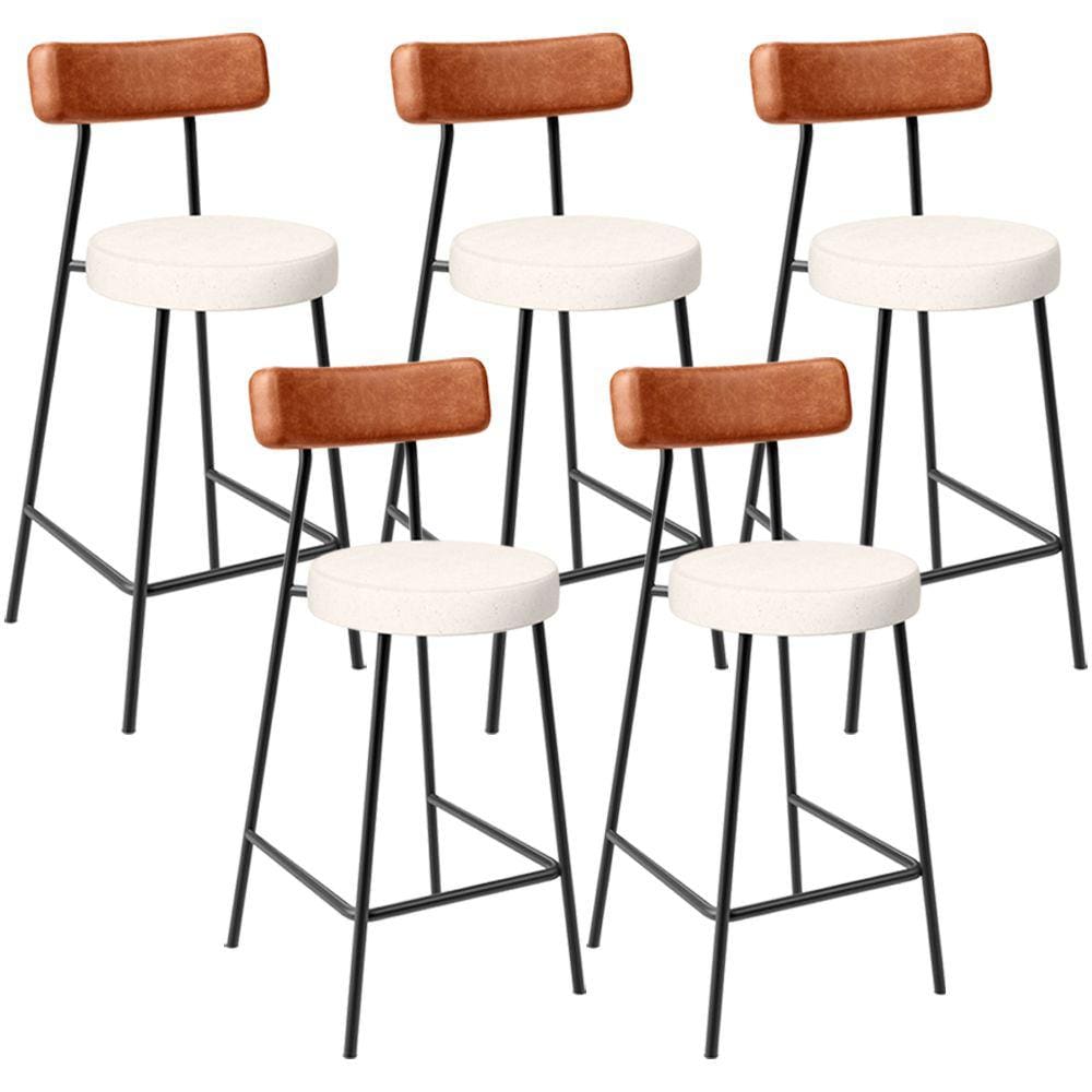 Kit 05 Banquetas Baixa Cozinha Sala Jantar Milão L02 Couríssimo Camel Linho Cru -LyamDecor