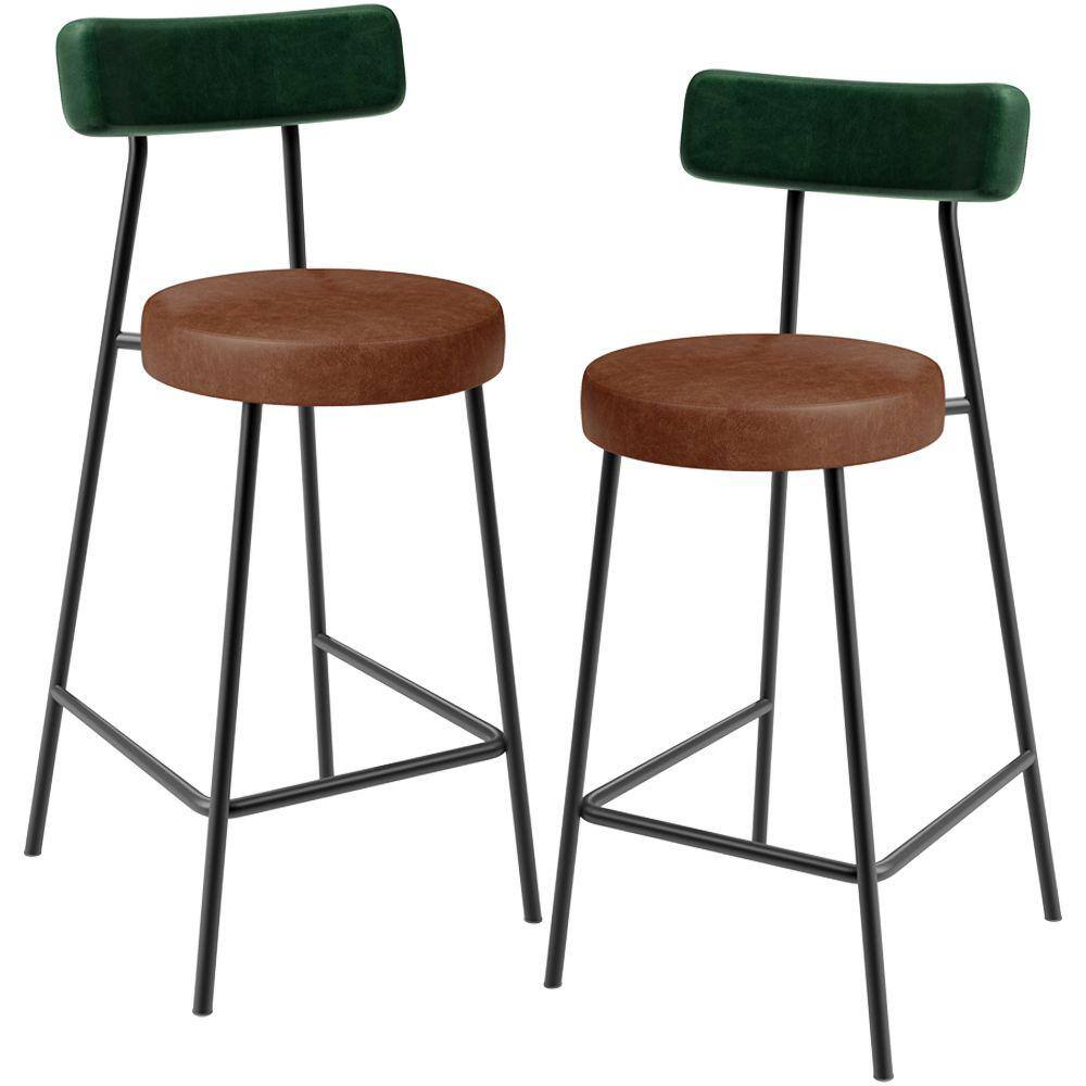 Kit 02 Banquetas Baixa Cozinha Sala Jantar Bancada Milão L02 Facto Verde Musgo Marrom -LyamDecor