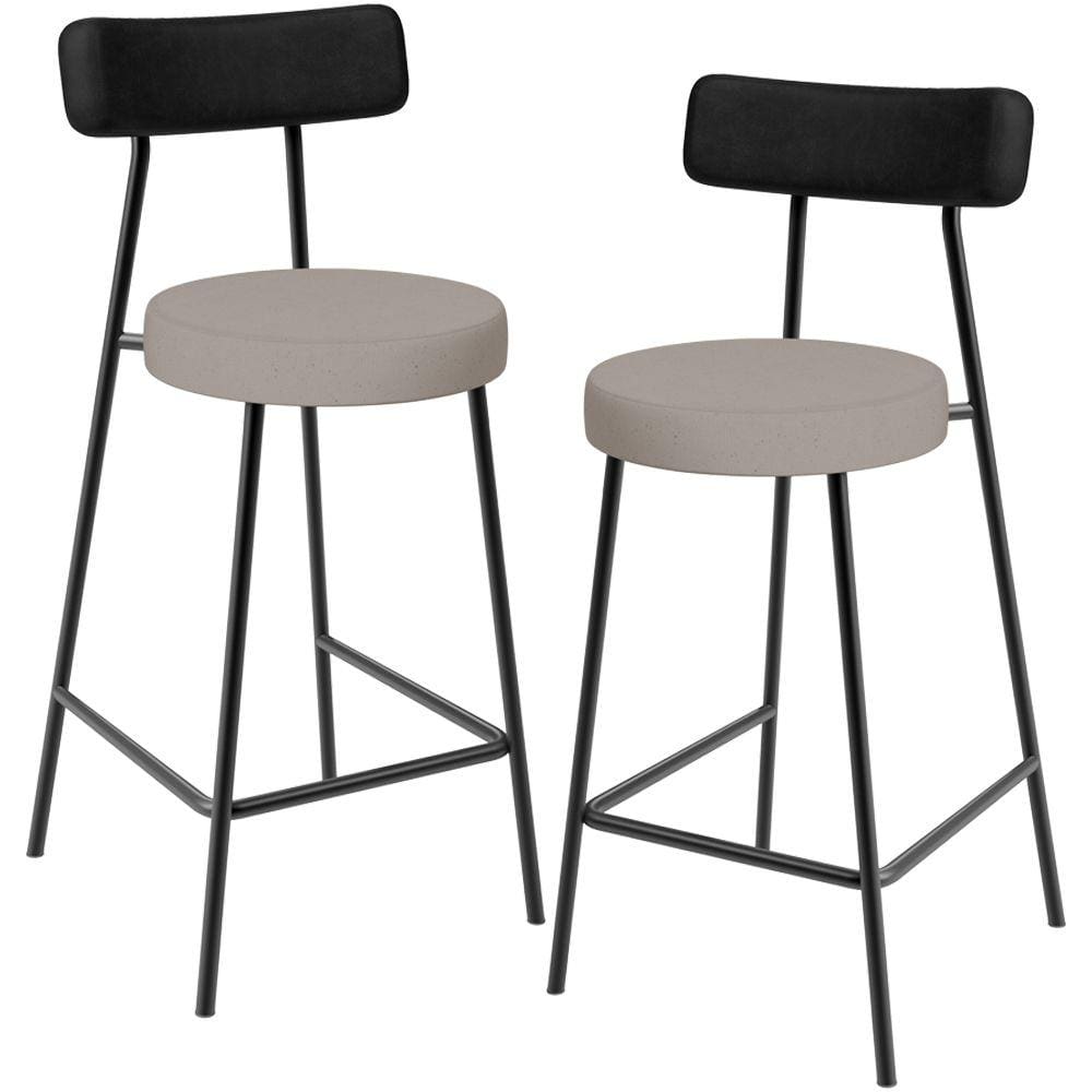 Kit 02 Banquetas Baixa Bar Cozinha Sala Jantar Milão L02 Couríssimo Preto Linho Bege -LyamDecor