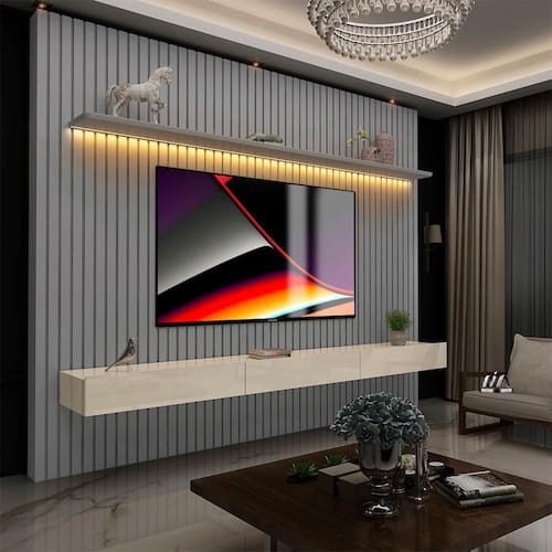 imagem-Painel Com Led E Nicho 3 Gavetas 85 Polegadas Cinza Off White Nobre Gelius