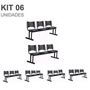 Kit 06 Cadeiras Longarinas PLÁSTICAS 03 Lugares – Cor PRETA – 23022