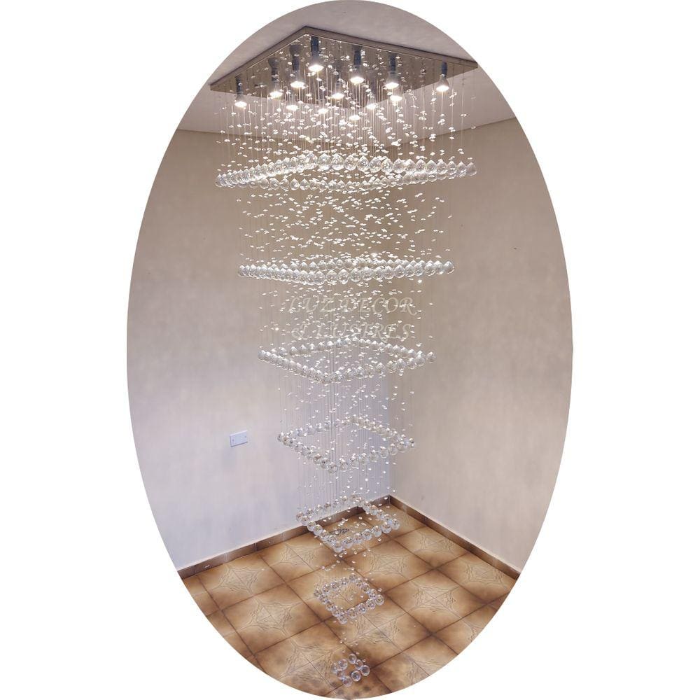 Pendente De Cristal Base Inox 80x80cm Para Pé Direito Alto