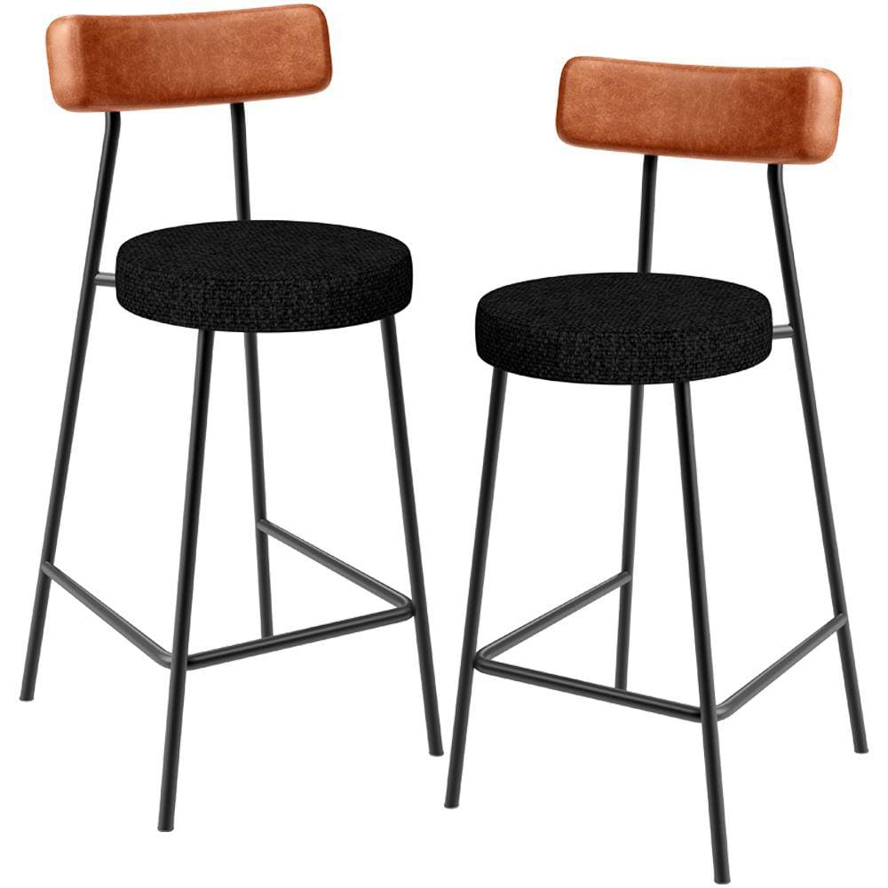 Kit 02 Banquetas Baixa Cozinha Sala Jantar Bancada Milão L02 Couríssimo Camel Linho Chumbo -LyamDecor