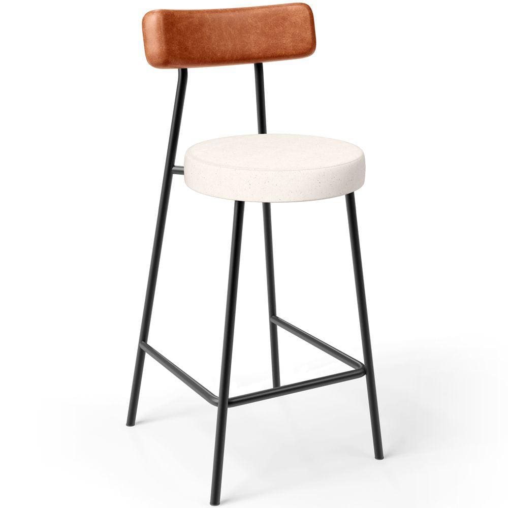 Banqueta Baixa Cozinha Sala Jantar Bancada Milão L02 Couríssimo Camel Linho Cru  -LyamDecor
