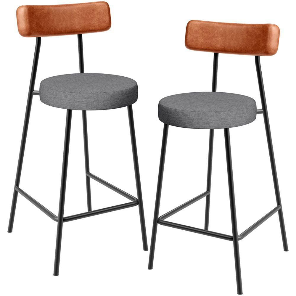 Kit 02 Banquetas Baixa Cozinha Jantar Milão L02 Couríssimo Camel Linho Cinza Escuro -LyamDecor