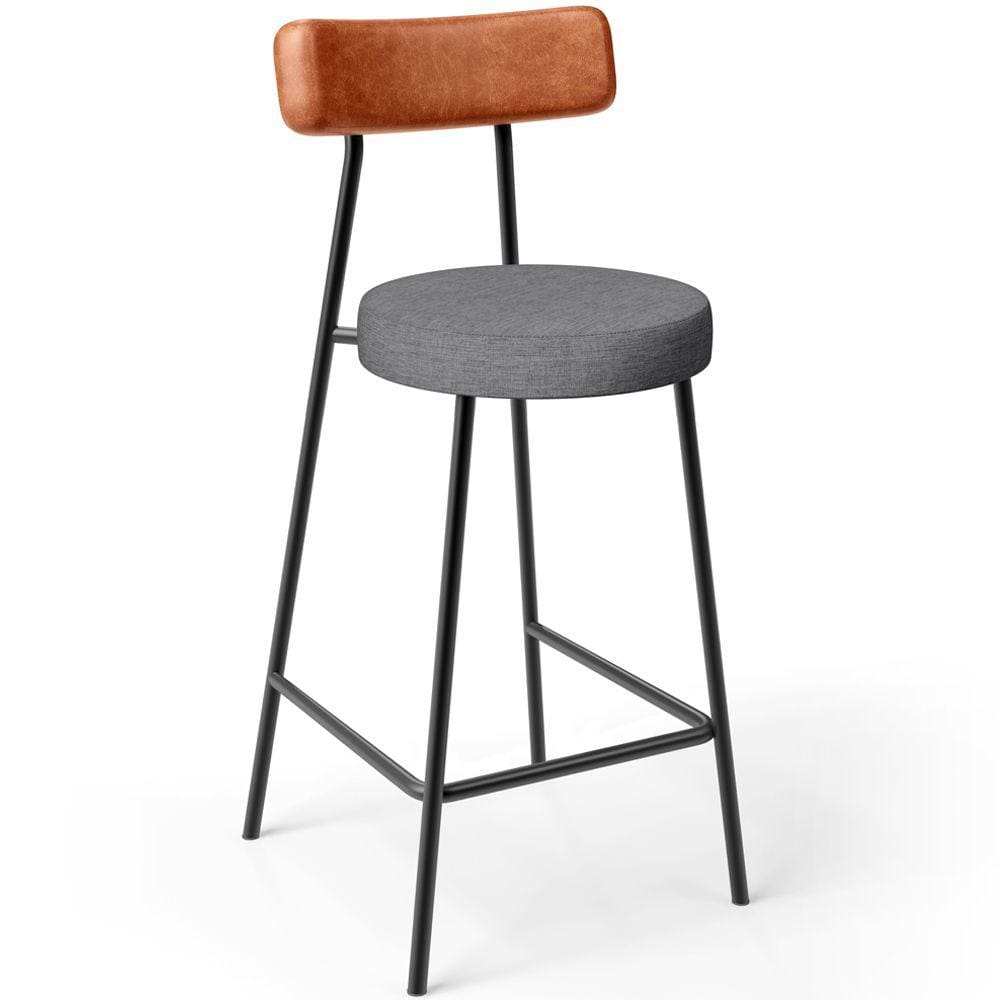 Banqueta Baixa Cozinha Sala Jantar Milão L02 Couríssimo Camel Linho Cinza Escuro  -LyamDecor