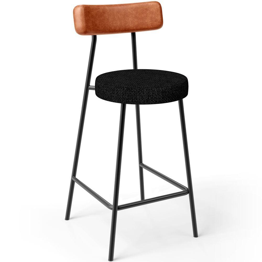 Banqueta Baixa Cozinha Sala Jantar Bancada Milão L02 Couríssimo Camel Linho Chumbo -LyamDecor