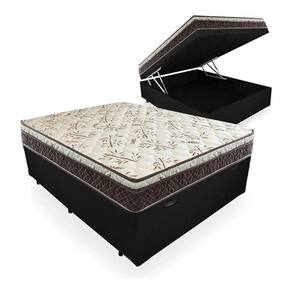 Cama Box Baú Casal Conforto Sintético Preto + Colchão Casal Conforto Espuma D33 Com EPS 28x138x188