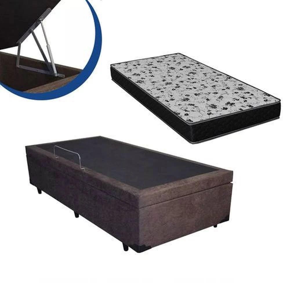 Cama Box Baú Solteiro Conforto Sintético Marrom + Colchão Solteiro Conforto Espuma D23 Com EPS 24x88x188