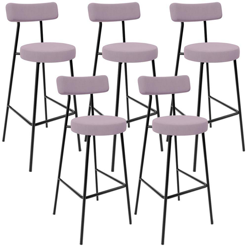 Kit 05 Banquetas Baixa Bar Cozinha Sala De Jantar Em Aço Milão L02 Suede Rosê - Lyam Decor