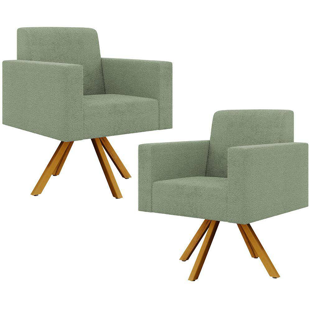 Kit 02 Poltronas Giratória Sala de Estar Base de Madeira Helô L02 Bouclê Oliva - Lyam Decor