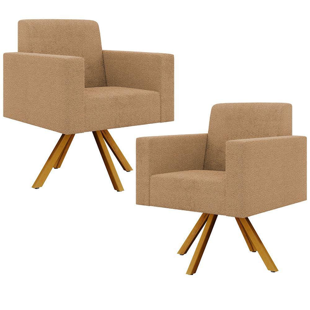 Kit 02 Poltronas Decorativa Giratória Base de Madeira Helô L02 Bouclê Mostarda - Lyam Decor