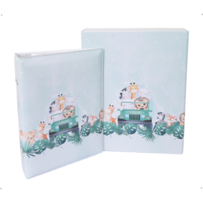 Estojo Imantado com Álbum para 100 Fotos 15x21 - SAFARI JIPE Bebê Animais Infantil Newborn