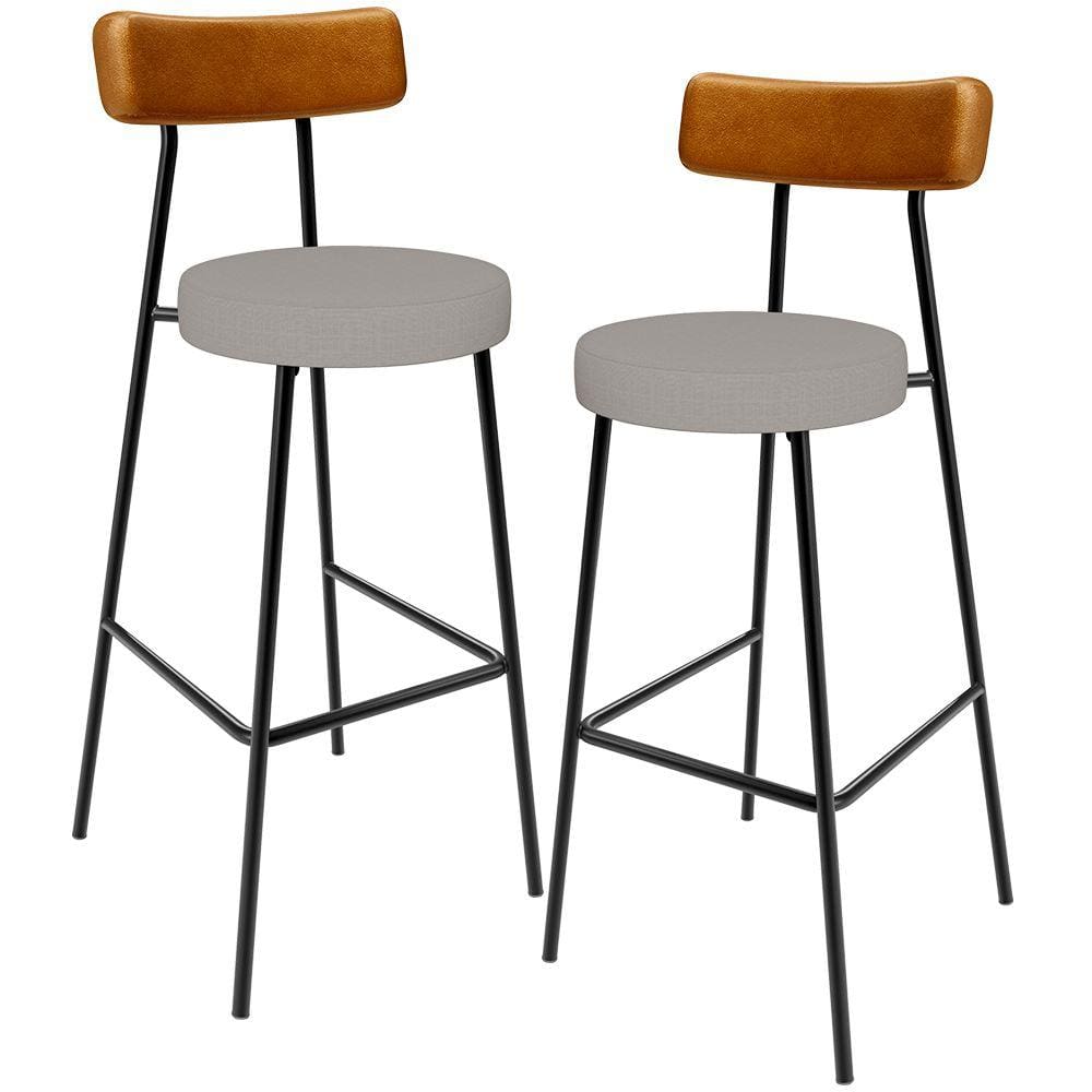 Kit 02 Banquetas Alta Cozinha Sala Jantar Aço Milão L02 Couríssimo Whisky Linho Bege - Lyam Decor