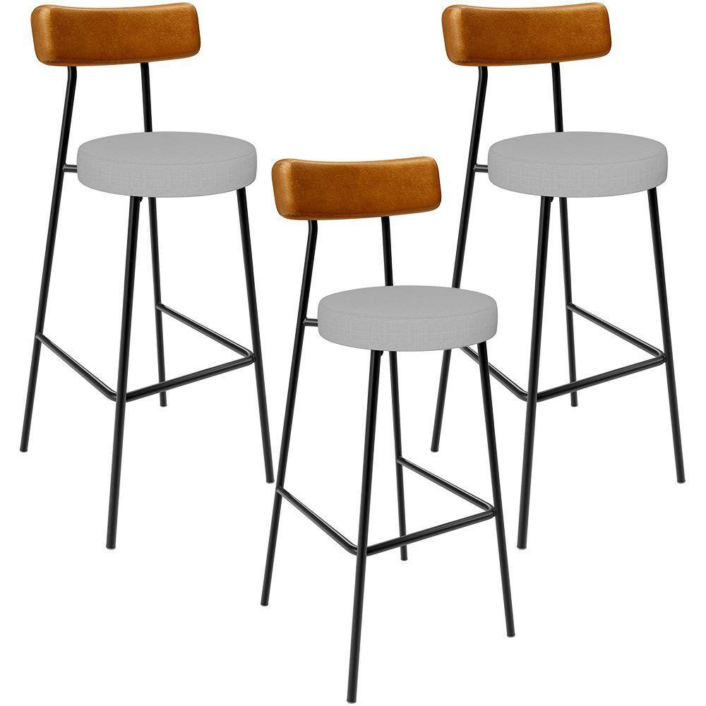 Kit 03 Banquetas Alta Bar Cozinha Sala Jantar Milão L02 Couríssimo Whisky Linho Cinza - Lyam Decor