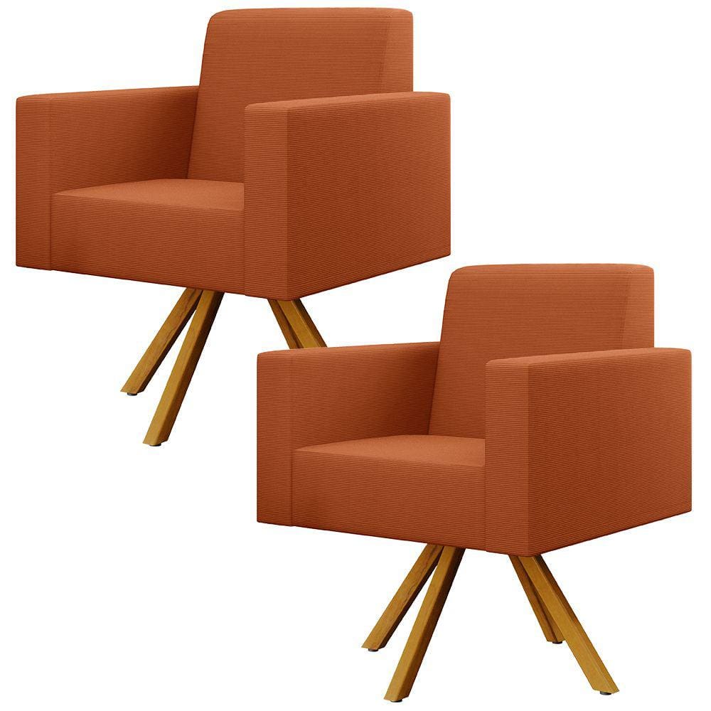 Kit 02 Poltronas Giratórias Sala de Estar Base de Madeira Helô L02 Tecido Terracota - Lyam Decor