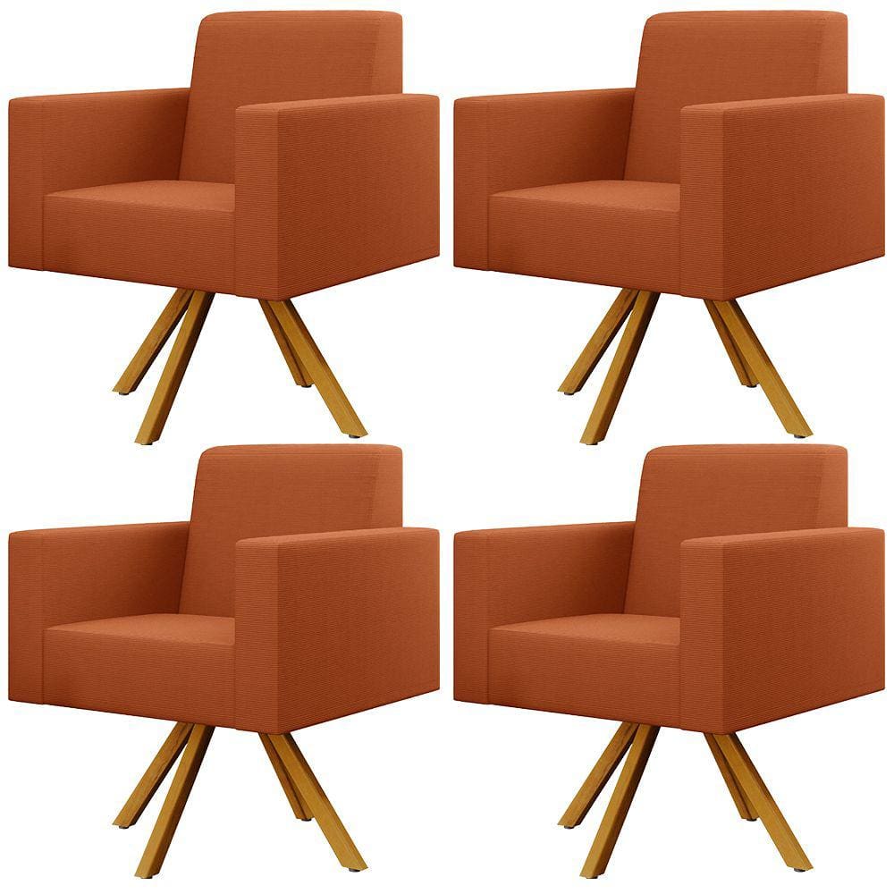 Kit 04 Poltronas Decorativa Base Giratória de Madeira Helô L02 Tecido Terracota - Lyam Decor