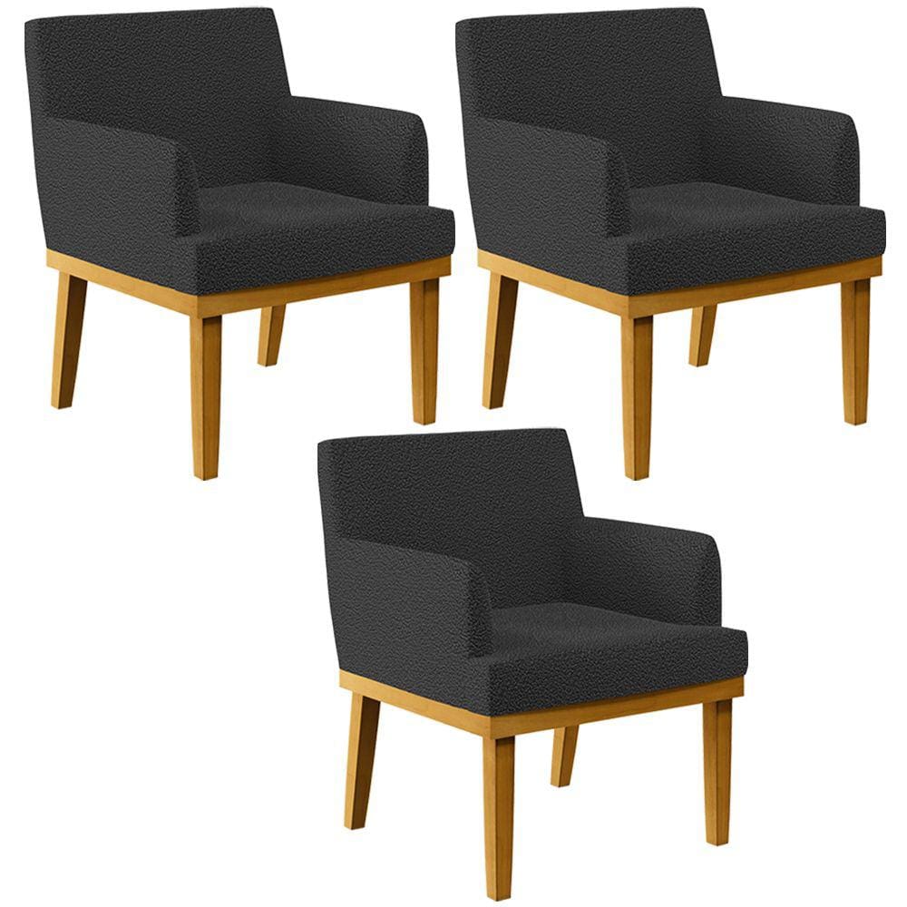 Kit 3 Poltronas Decorativas Sala De Estar E Recepção Beatriz W01 Bouclê Preto - Lyam Decor